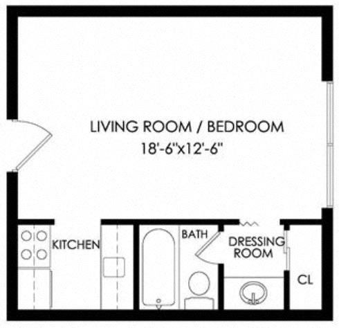 Floor plan for studio, 1 bath, 387 sqft
