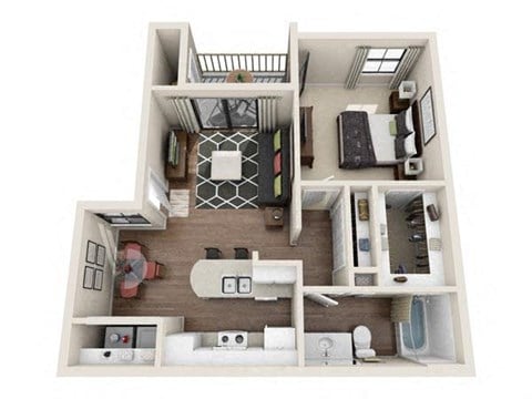 Floor plan for 1 bed, 1 bath, 653 sqft
