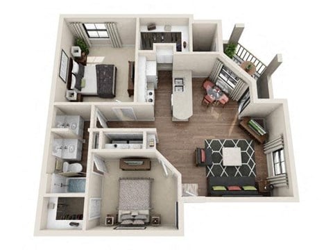 Floor plan for 2 beds, 1 bath, 884 sqft