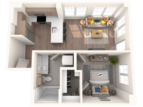 Floor plan for 1 bed, 1 bath, 598 sqft