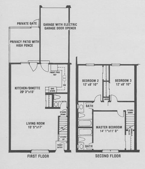Floor plan for 3 beds, 2.5 baths, 1340 sqft