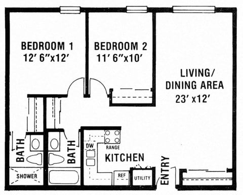 Floor plan for 2 beds, 2 baths, 972 sqft