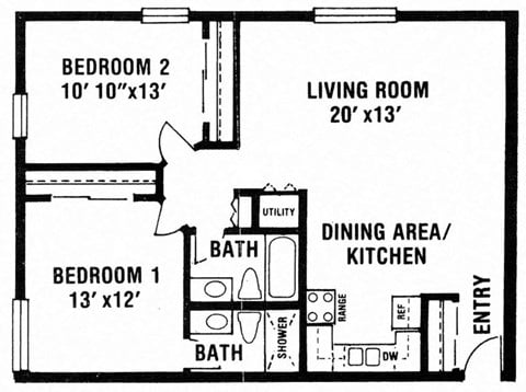 Floor plan for 2 beds, 2 baths, 1050 sqft