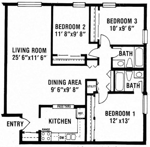 Floor plan for 3 beds, 2 baths, 1150 sqft