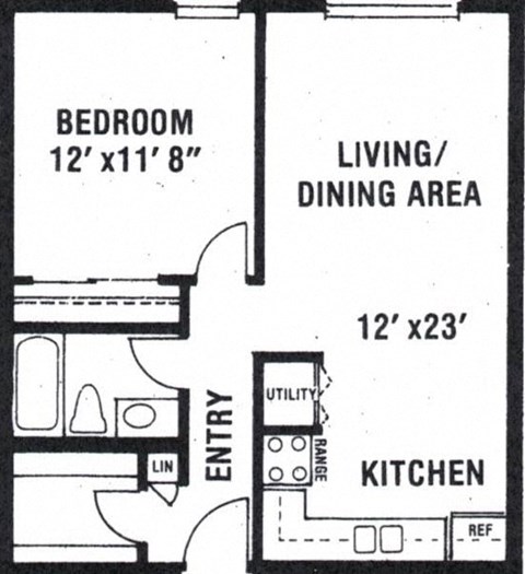 Floor plan for 1 bed, 1 bath, 648 sqft
