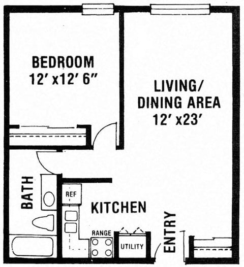 Floor plan for 1 bed, 1 bath, 648 sqft