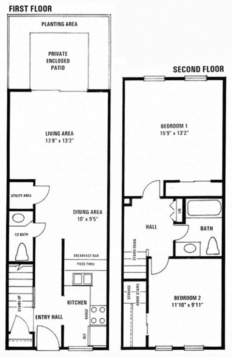 Floor plan for 2 beds, 1.5 baths, 916 sqft