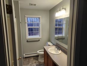 Gray apartment for rent - A bathroom with a toilet, sink, and mirror.