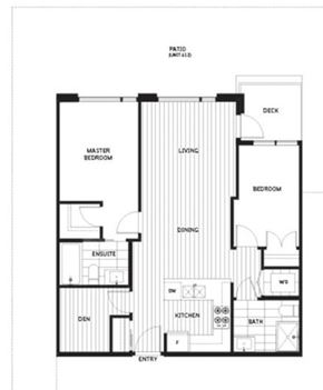 North Vancouver apartment for rent - A black and white floor plan of a house with a master bedroom, living room, dining room, kitchen, and bathroom.