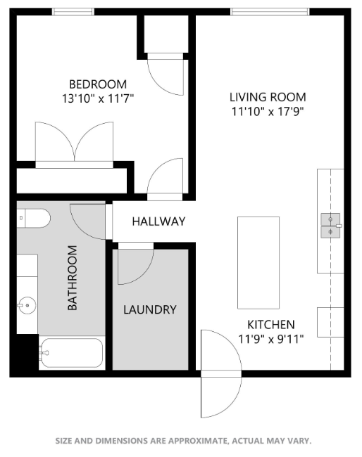 Floor plan for 1 bed, 1 bath, 684 sqft