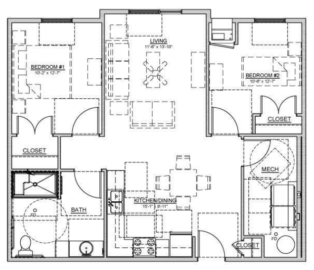 Floor plan for 2 beds, 1 bath, 874 sqft