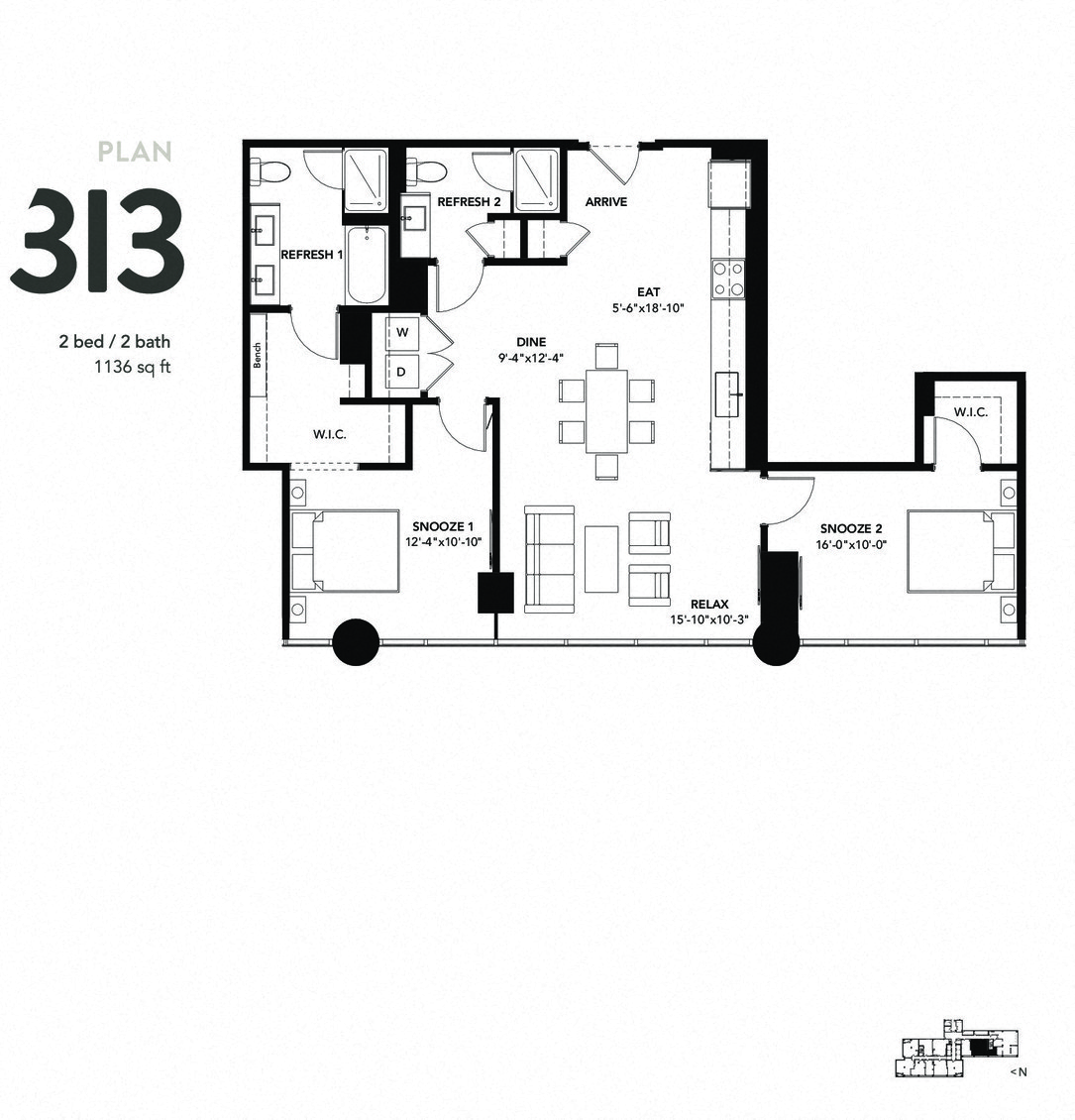 Floor plan for 2 beds, 2 baths, 1136 sqft