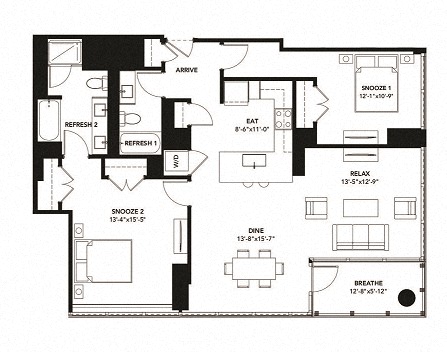 Floor plan for 2 beds, 2 baths, 1289 sqft