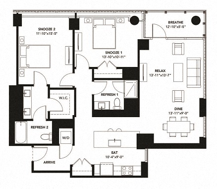 Floor plan for 2 beds, 2 baths, 1305 sqft