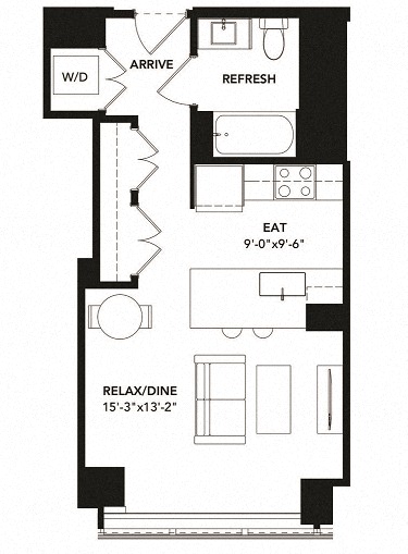 Floor plan for studio, 1 bath, 466 sqft