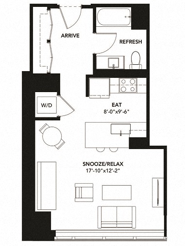 Floor plan for studio, 1 bath, 543 sqft