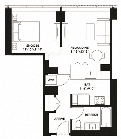 Floor plan for 1 bed, 1 bath, 609 sqft