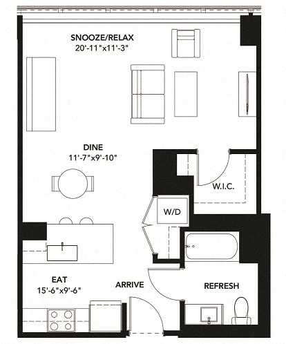 Floor plan for studio, 1 bath, 616 sqft