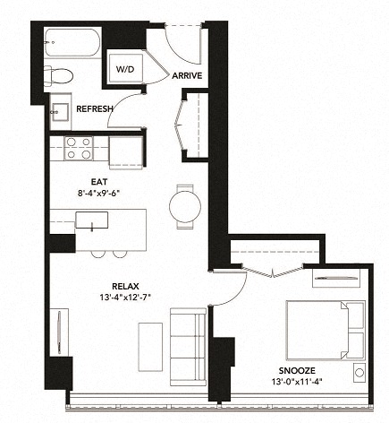Floor plan for 1 bed, 1 bath, 638 sqft