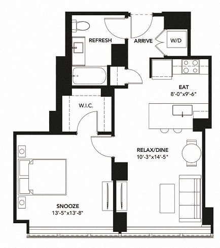 Floor plan for 1 bed, 1 bath, 691 sqft