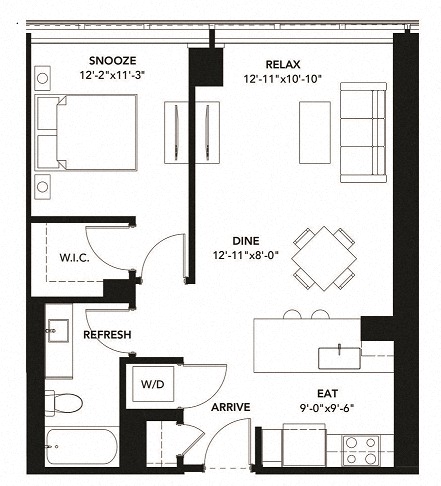 Floor plan for 1 bed, 1 bath, 719 sqft
