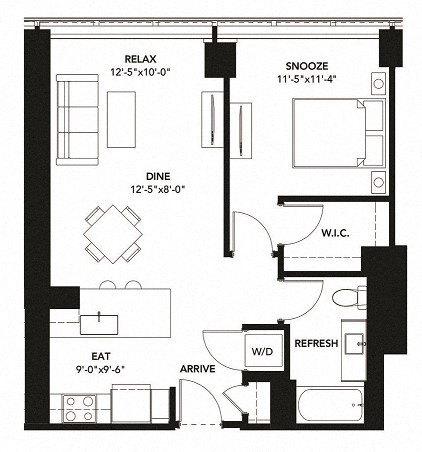 Floor plan for 1 bed, 1 bath, 724 sqft