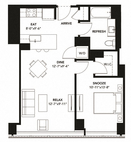Floor plan for 1 bed, 1 bath, 742 sqft