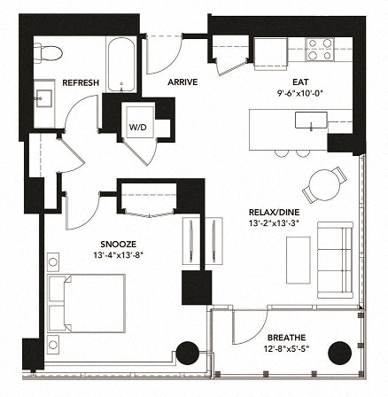 Floor plan for 1 bed, 1 bath, 775 sqft