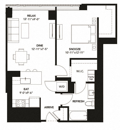 Floor plan for 1 bed, 1 bath, 835 sqft