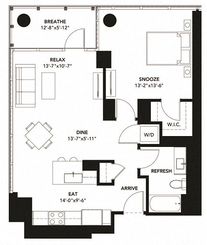 Floor plan for 1 bed, 1 bath, 840 sqft