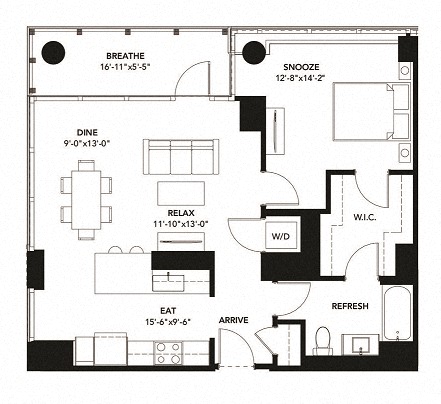 Floor plan for 1 bed, 1 bath, 867 sqft