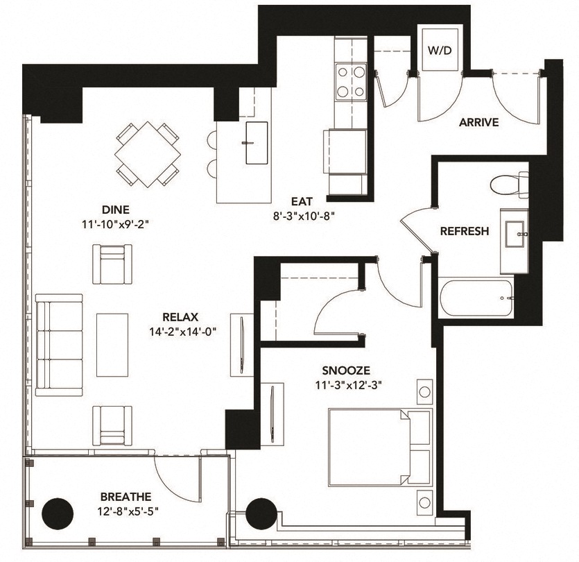 Floor plan for 1 bed, 1 bath, 879 sqft