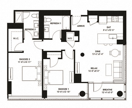 Floor plan for 2 beds, 2 baths, 1130 sqft