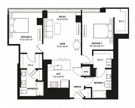 Floor plan for 2 beds, 2 baths, 1143 sqft