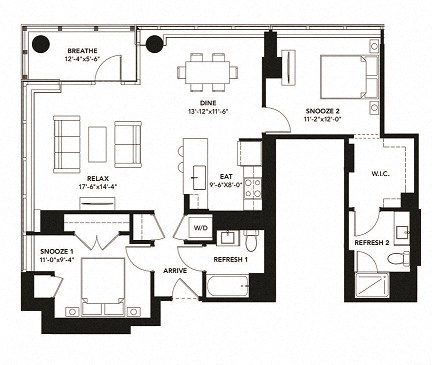 Floor plan for 2 beds, 2 baths, 1151 sqft