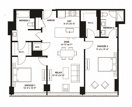 Floor plan for 2 beds, 2 baths, 1180 sqft