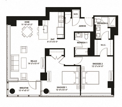Floor plan for 2 beds, 2 baths, 1226 sqft