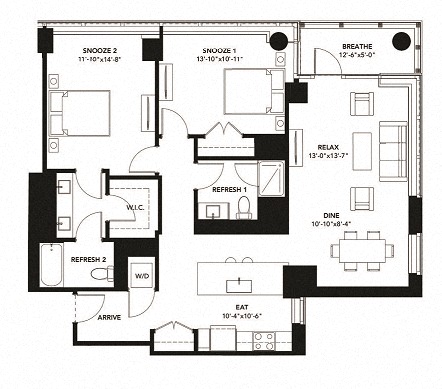 Floor plan for 2 beds, 2 baths, 1301 sqft