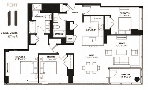 Floor plan for 3 beds, 2 baths, 1437 sqft