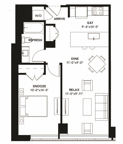 Floor plan for 1 bed, 1 bath, 711 sqft