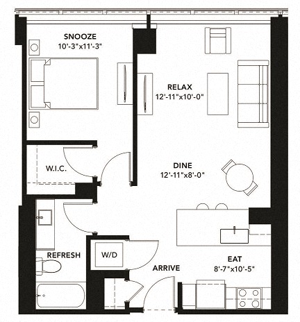 Floor plan for 1 bed, 1 bath, 725 sqft