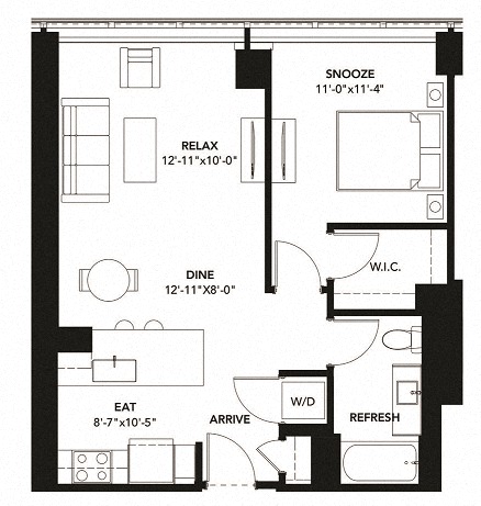 Floor plan for 1 bed, 1 bath, 731 sqft