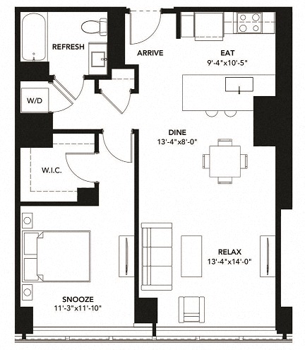 Floor plan for 1 bed, 1 bath, 830 sqft