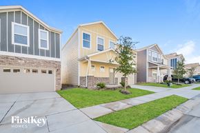 Lewisville house for rent - a street view of three homes with a sidewalk and grass