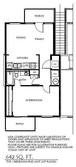 Floor plan for 1 bed, 1 bath, 642 sqft