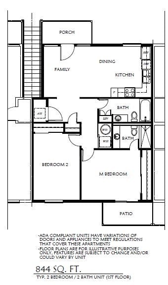 Floor plan for 2 beds, 2 baths, 844 sqft