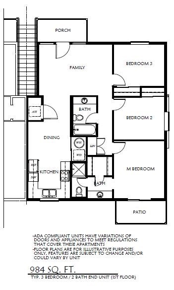 Floor plan for 3 beds, 2 baths, 984 sqft