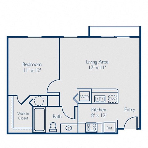 Floor plan for 1 bed, 1 bath, 579 sqft