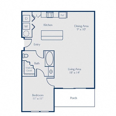 Floor plan for 1 bed, 1 bath, 784 sqft
