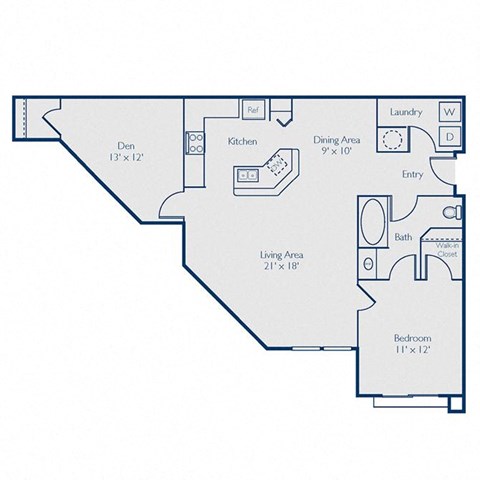 Floor plan for 1 bed, 1 bath, 998 sqft